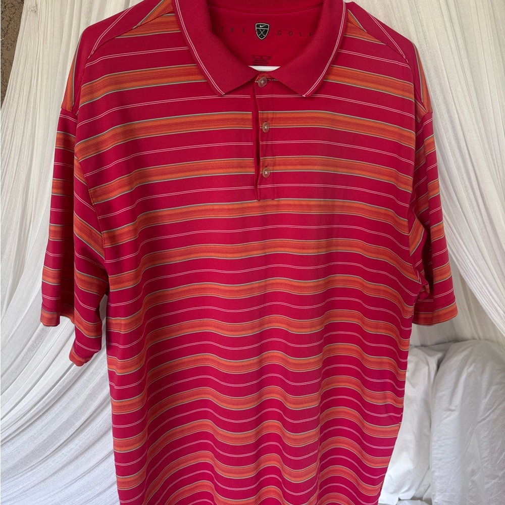 Vintage Nike Golf Men's Striped Polo Shirt - Red and Orange